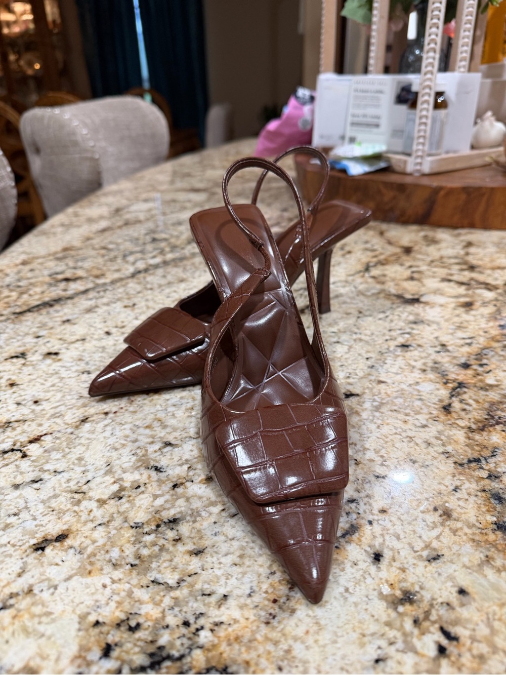 Anne Klein Brown Croc-Embossed Pointed Toe Slingback Heels